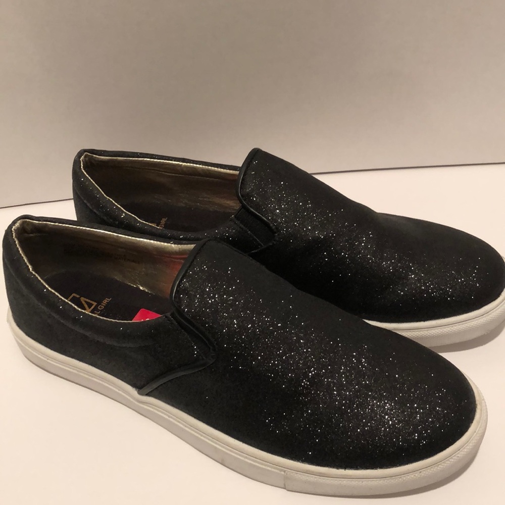 Material girl slip on sneakers in black glitter